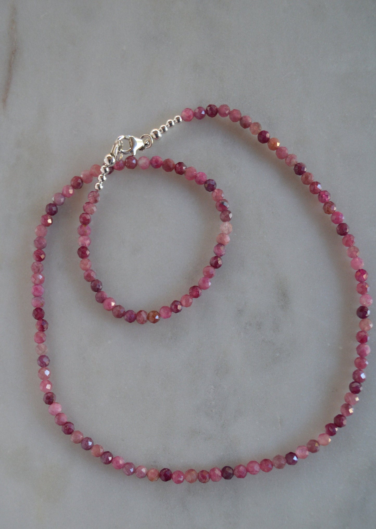 Beautiful Pink Tourmaline Necklace. 20", Sterling Silver Clasp and Beads.  Comes with 3" Sterling Silver Extender Chain
