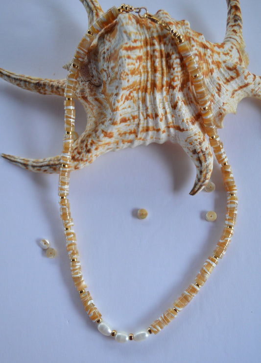 Unique Beige and White Mother of Pearl Heishi Beaded Necklace with 3 Freshwater Pearls and 18K Gold Filled Rondelles