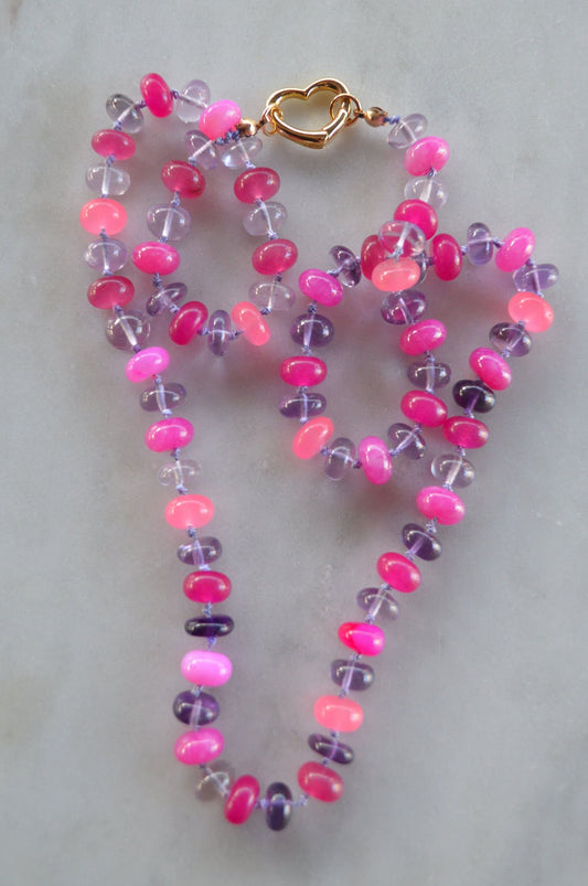 Pink and Purple Hand Knotted Necklace. Amethyst and 4 Colors of Pink Chalcedony and Quartz Gemstones on Lilac Silk.  Gold Filled Heart Clasp
