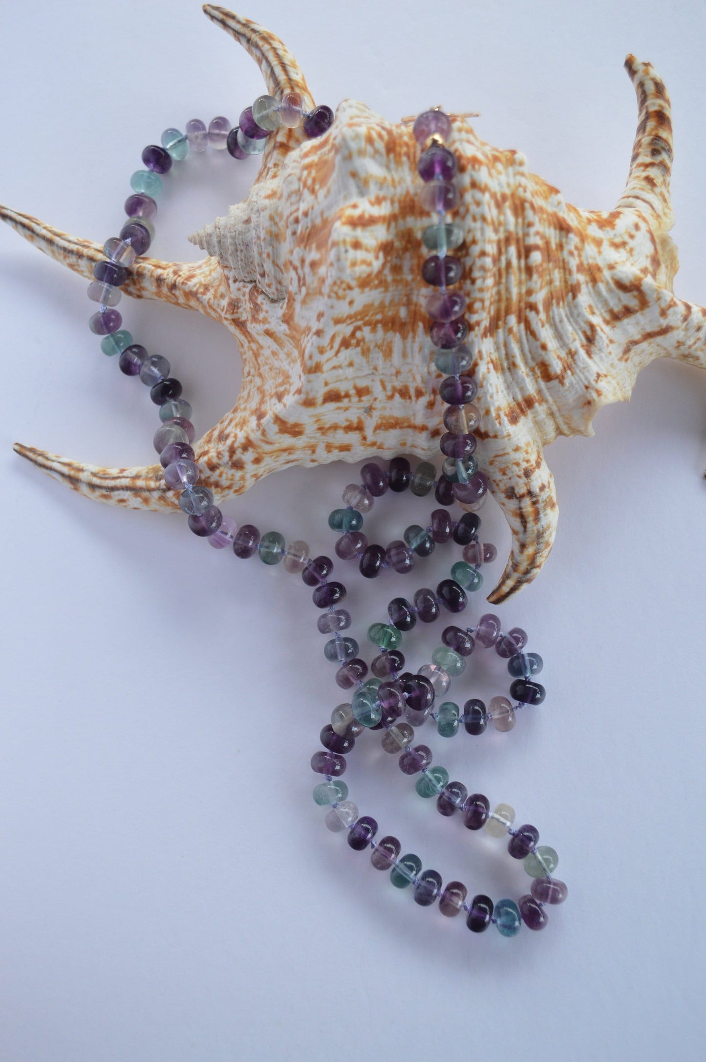 Purple and Green Fluorite Smooth  Rondell Hand Knotted Necklace with Hand Forged 18k GF Hook and Eye Clasp. 30". Heart Necklace Included Too