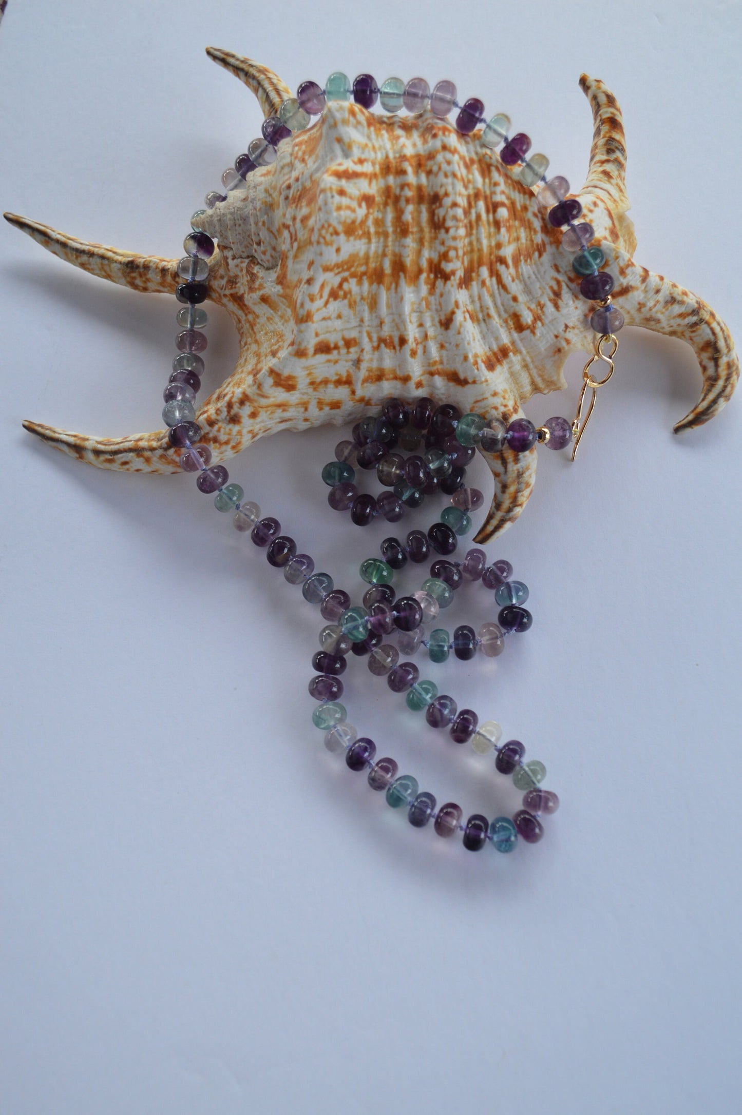 Purple and Green Fluorite Smooth  Rondell Hand Knotted Necklace with Hand Forged 18k GF Hook and Eye Clasp. 30". Heart Necklace Included Too