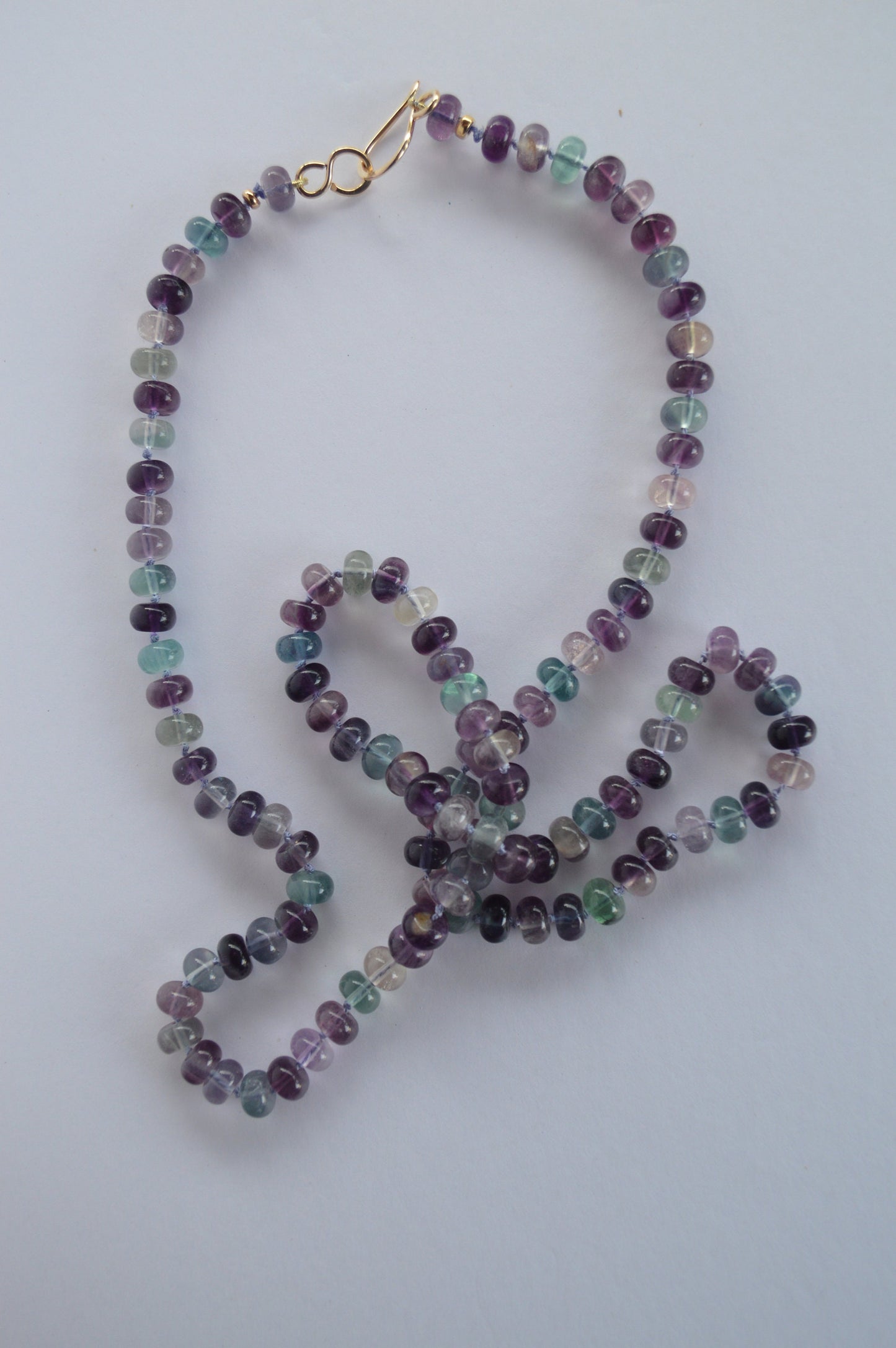 Purple and Green Fluorite Smooth  Rondell Hand Knotted Necklace with Hand Forged 18k GF Hook and Eye Clasp. 30". Heart Necklace Included Too