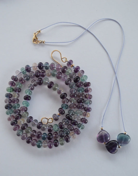 Purple and Green Fluorite Smooth  Rondell Hand Knotted Necklace with Hand Forged 18k GF Hook and Eye Clasp. 30". Heart Necklace Included Too