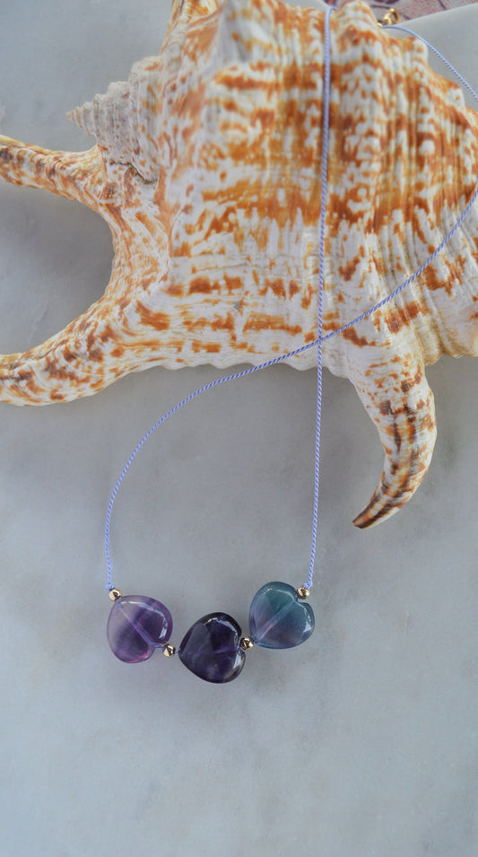 Purple and Green Fluorite Gemstone Hearts Knotted on Lilac Silk. 18" 18K Gold Filled Italian Lobster Claw Clasp. Light & Dainty. Great Gift