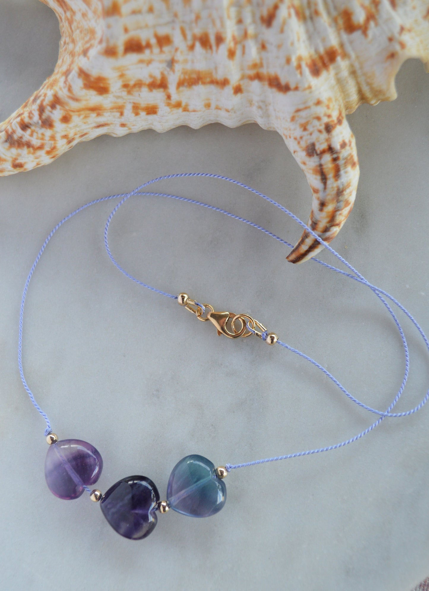 Purple and Green Fluorite Gemstone Hearts Knotted on Lilac Silk. 18" 18K Gold Filled Italian Lobster Claw Clasp. Light & Dainty. Great Gift