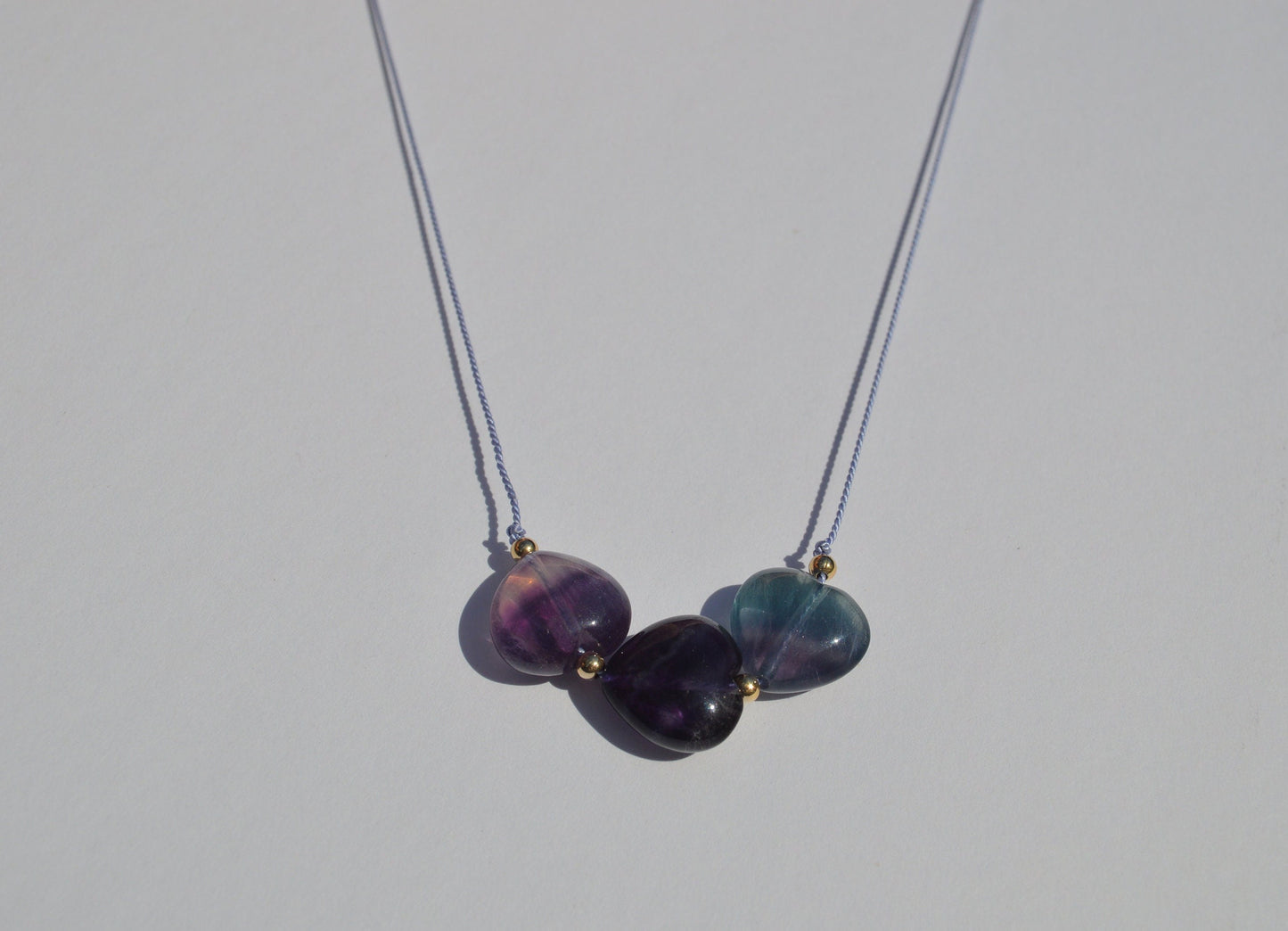Purple and Green Fluorite Gemstone Hearts Knotted on Lilac Silk. 18" 18K Gold Filled Italian Lobster Claw Clasp. Light & Dainty. Great Gift