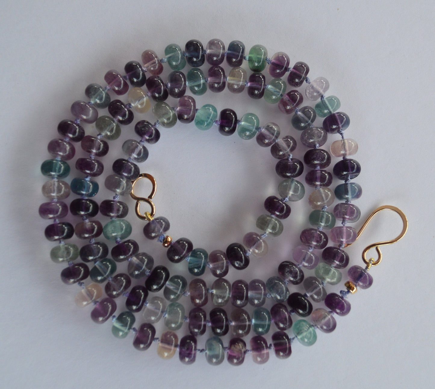 Purple and Green Fluorite Smooth  Rondell Hand Knotted Necklace with Hand Forged 18k GF Hook and Eye Clasp. 30". Heart Necklace Included Too