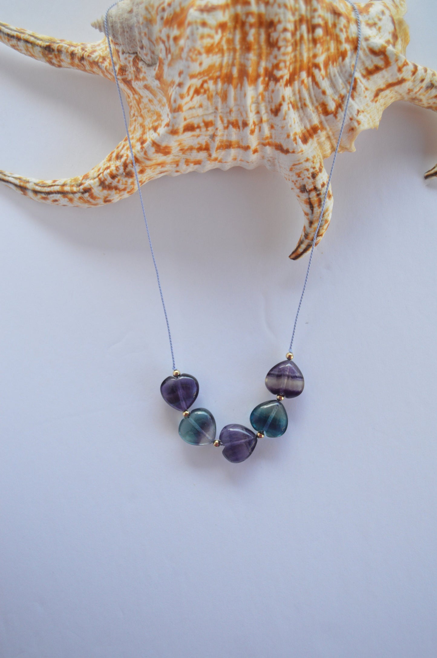 Purple and Green Fluorite Gemstone Hearts Knotted on Lilac Silk. 18" 18K Gold Filled Italian Lobster Claw Clasp. Light & Dainty. Great Gift