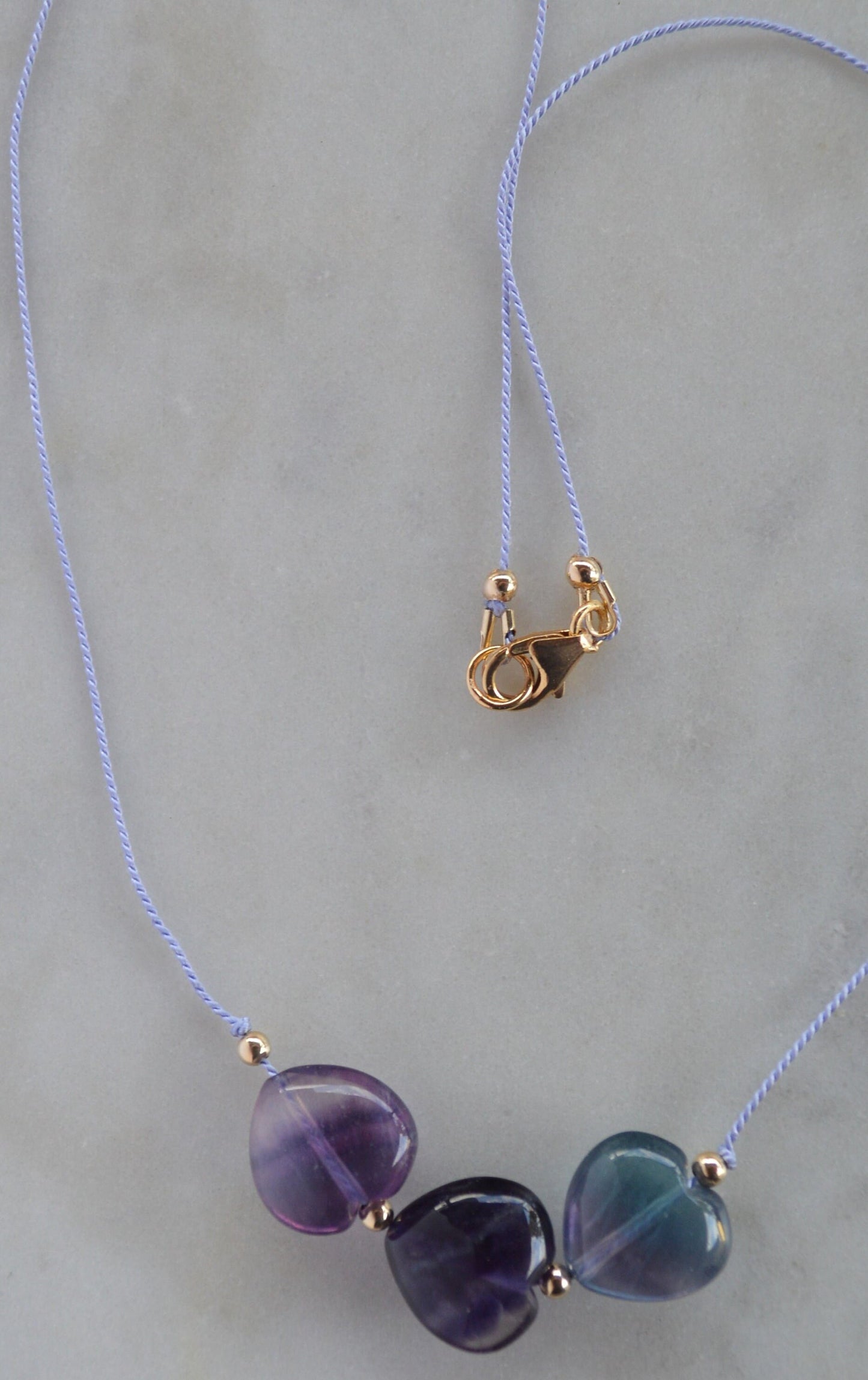 Purple and Green Fluorite Gemstone Hearts Knotted on Lilac Silk. 18" 18K Gold Filled Italian Lobster Claw Clasp. Light & Dainty. Great Gift