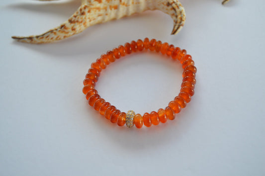 Beautiful AAA Red Carnelian 8mm Rondelle Beads With 22K Gold Micro Pave' Spacer Bead Hand Crafted on Stretch Cord