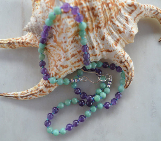Hand Knotted Natural Amazonite and Amethyst Beads on Teal and Turquoise Silk Thread.  Hand Forged Sterling Hook and Eye Clasp and Beads. 21"