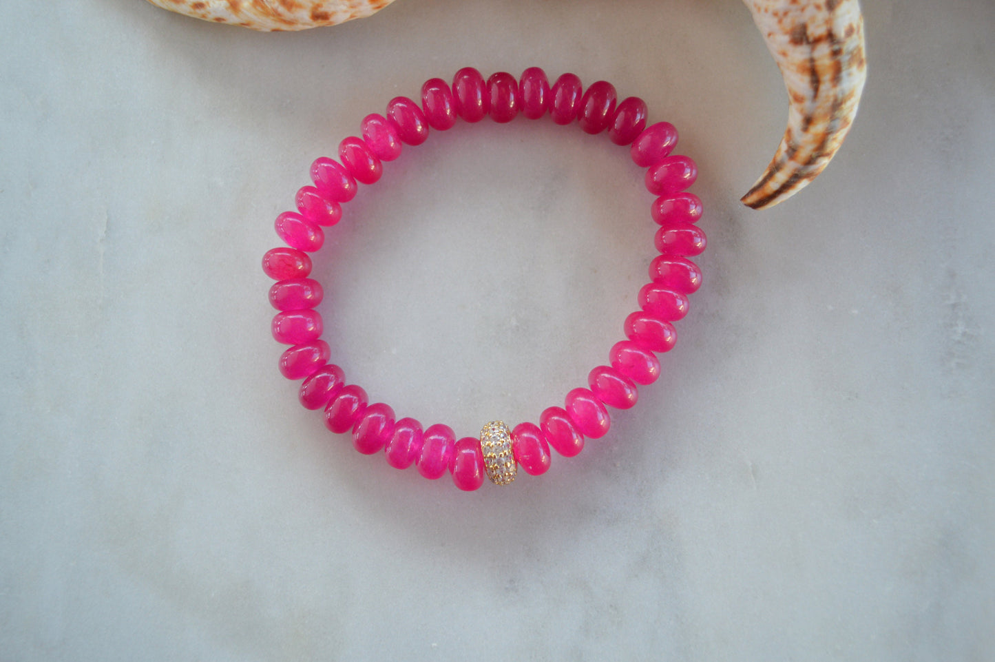 Beautiful Purple Jade Hand Beaded with 22k Gold Micro Pave Spacer. Hand Beaded on Stretch Cord