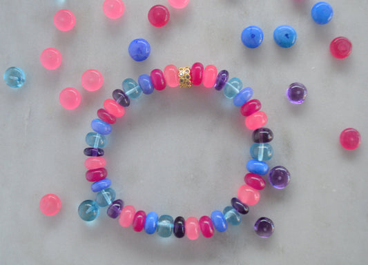 Stunning Multi Gemstone Bracelet With CZ 22K Pave Bead. One Size Fits All. Amethyst, Blue Topaz, Pink and Blue Opals. Can Be Made Any Size