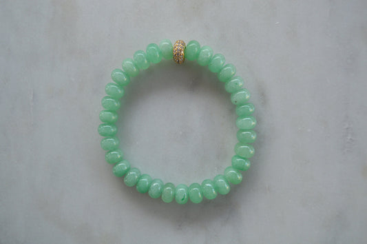 Beautiful Green Aventurine 8mm Rondelle Gemstone Beaded Bracelet.  Hand Beaded On Stretch Cord. 22K Gold CZ Pave' Bead. One Size Fits All
