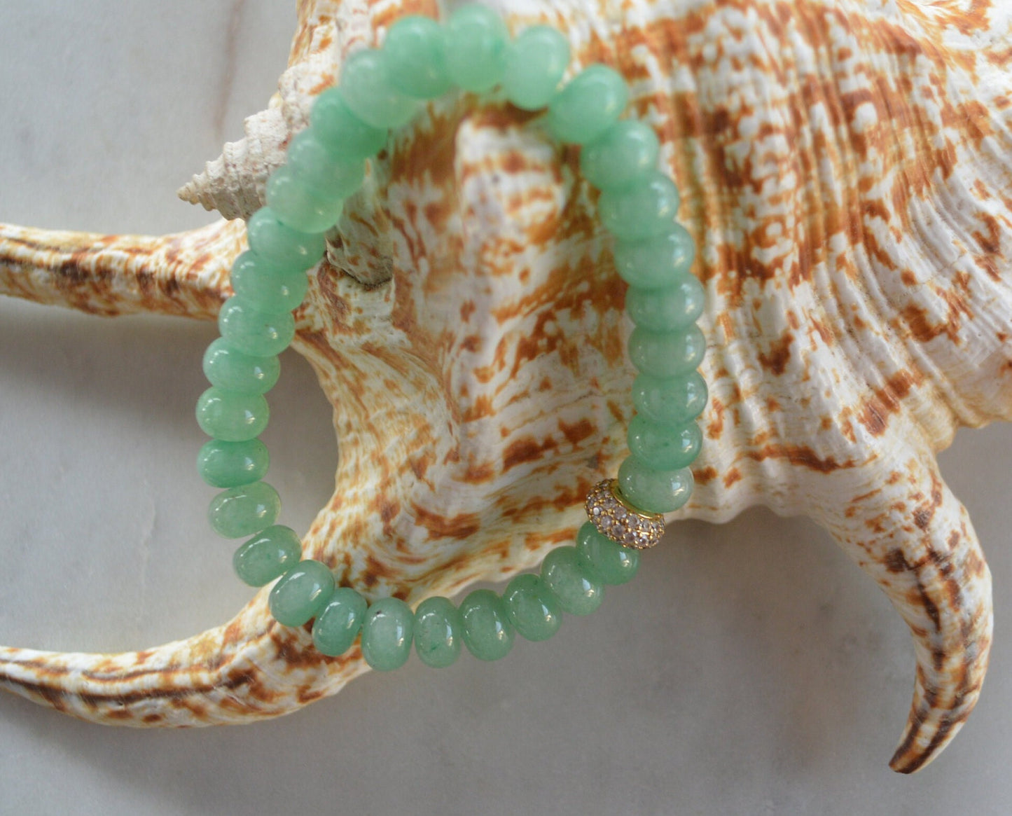 Beautiful Green Aventurine 8mm Rondelle Gemstone Beaded Bracelet.  Hand Beaded On Stretch Cord. 22K Gold CZ Pave' Bead. One Size Fits All