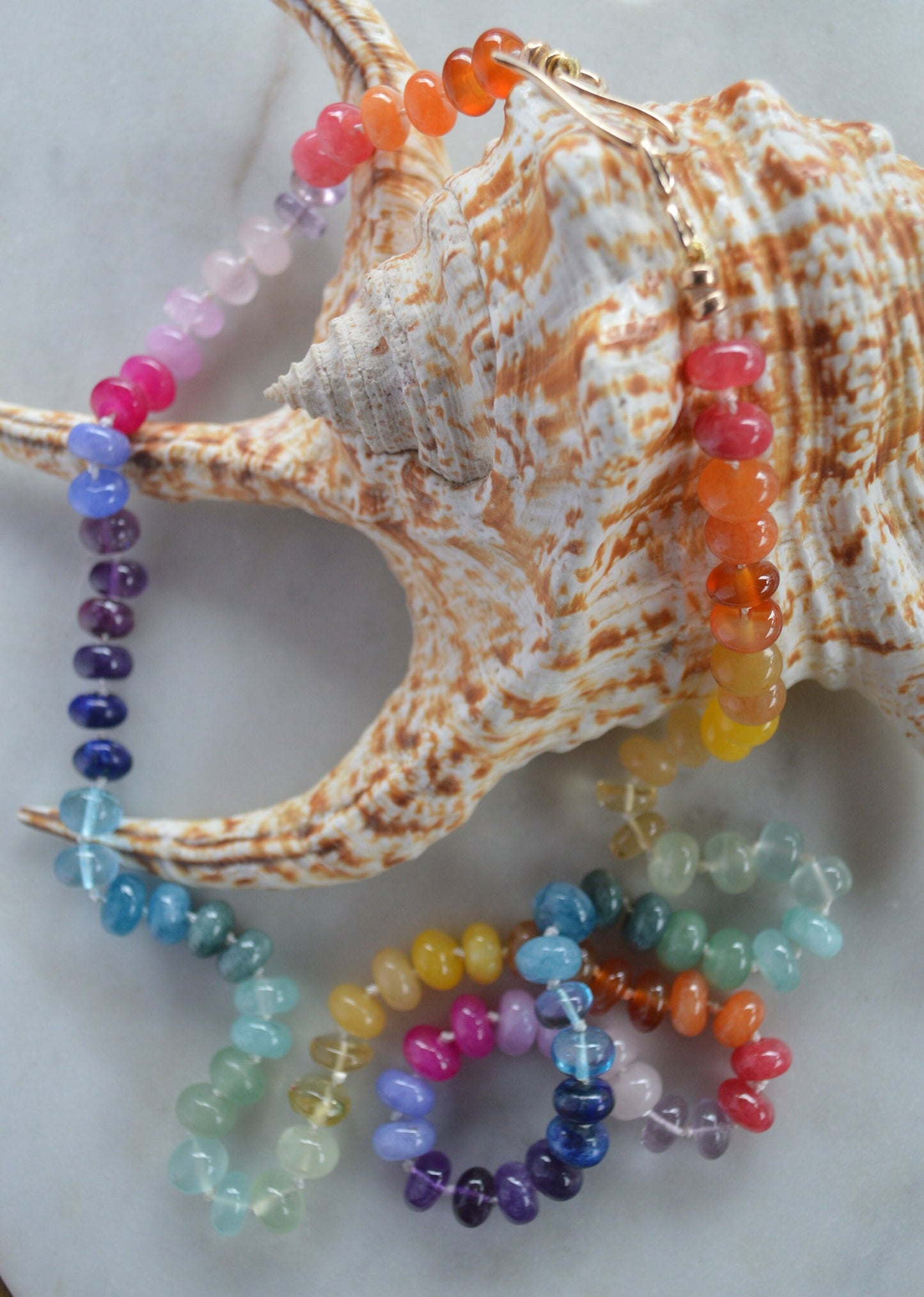 Rainbow Gemstone (8mm) Necklace Hand Knotted on White Silk. 18K Hand Forged Gold Filled Clasp. 12 Types of Gemstones. Made to Order