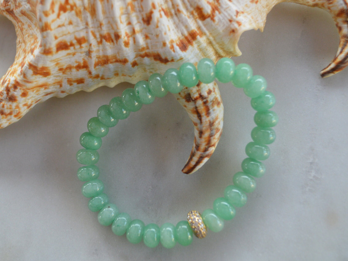 Beautiful Green Aventurine 8mm Rondelle Gemstone Beaded Bracelet.  Hand Beaded On Stretch Cord. 22K Gold CZ Pave' Bead. One Size Fits All