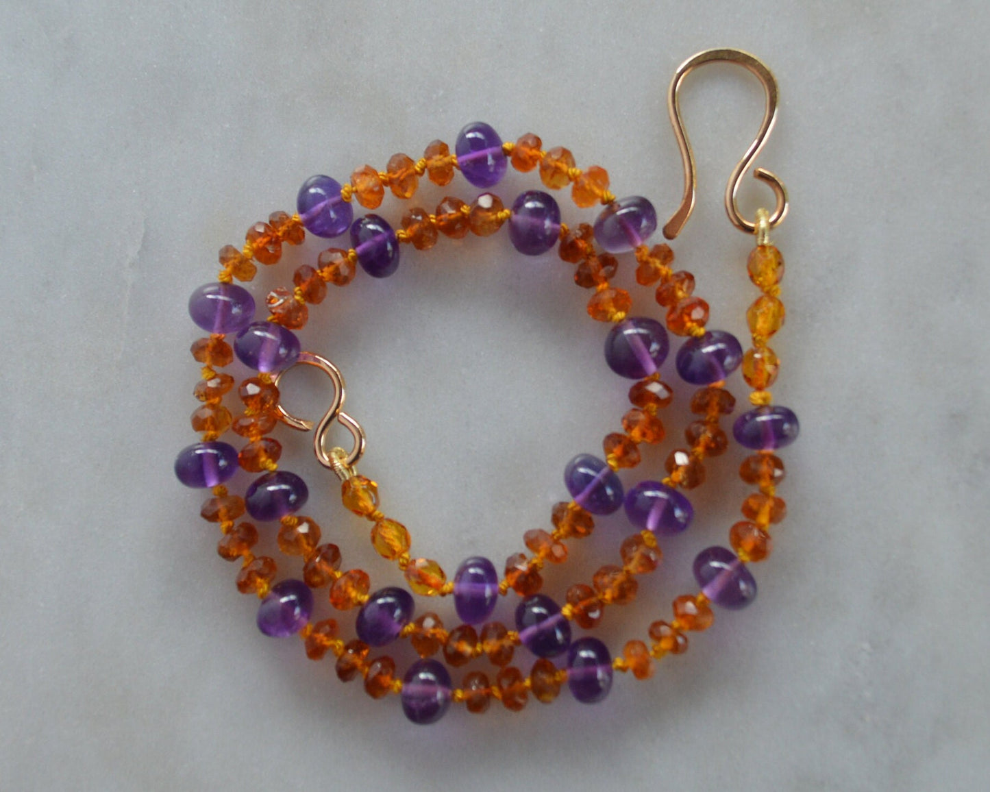 Sparkling Amethyst and Citrine Necklace Hand knotted on Gold Silk, 18K Gold Filled Hand Forged Hook and Eye Clasp