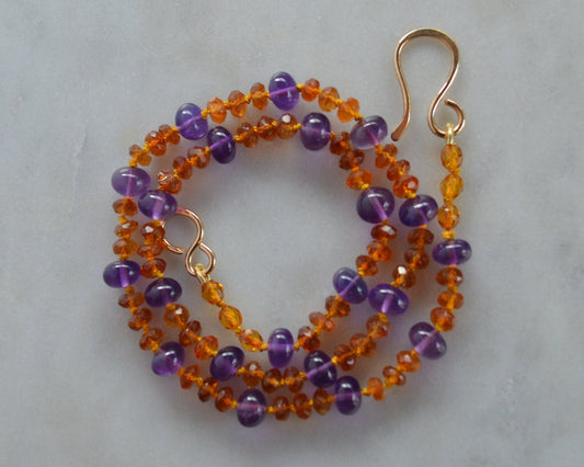 Sparkling Amethyst and Citrine Necklace Hand knotted on Gold Silk, 18K Gold Filled Hand Forged Hook and Eye Clasp