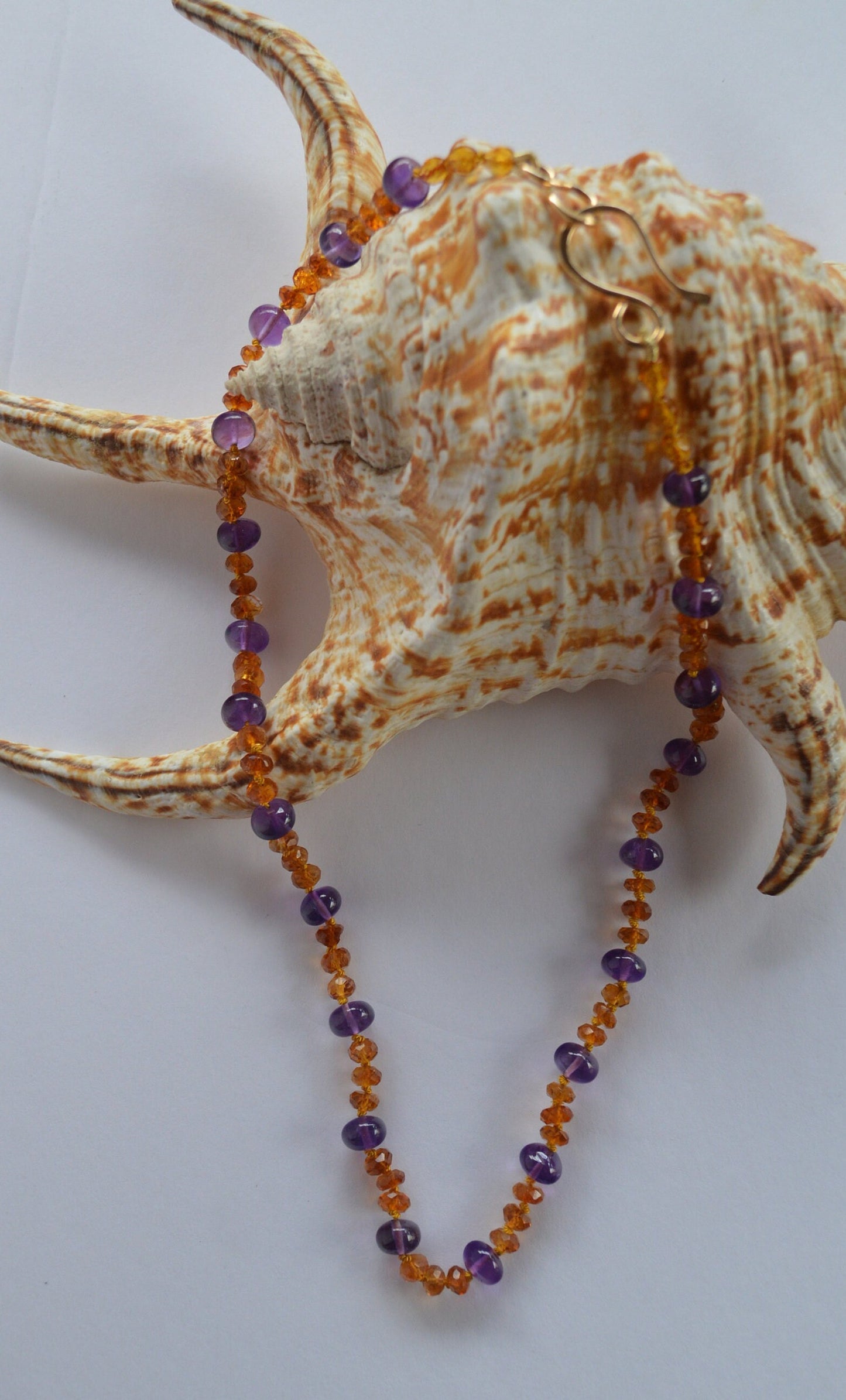 Sparkling Amethyst and Citrine Necklace Hand knotted on Gold Silk, 18K Gold Filled Hand Forged Hook and Eye Clasp