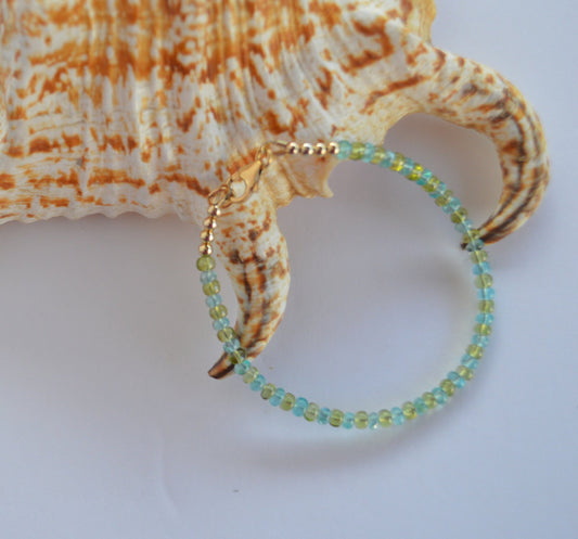 Sparkly Aqua Blue Apatite and Peridot Gemstone Bracelet with 18K Gold Filled Italian Lobster Clasp and Beads