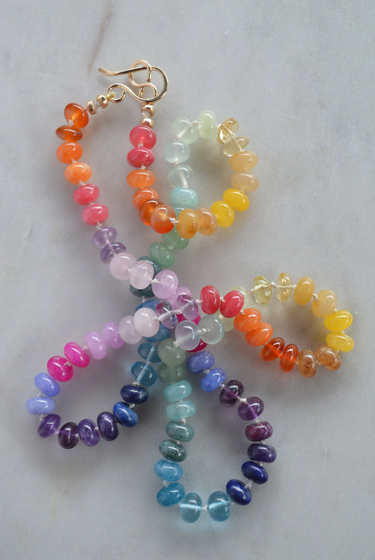 Rainbow Gemstone (8mm) Necklace Hand Knotted on White Silk. 18K Hand Forged Gold Filled Clasp. 12 Types of Gemstones. Made to Order