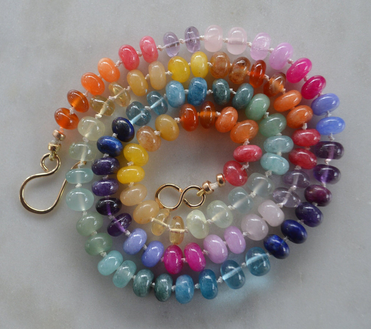 Rainbow Gemstone (8mm) Necklace Hand Knotted on White Silk. 18K Hand Forged Gold Filled Clasp. 12 Types of Gemstones. Made to Order