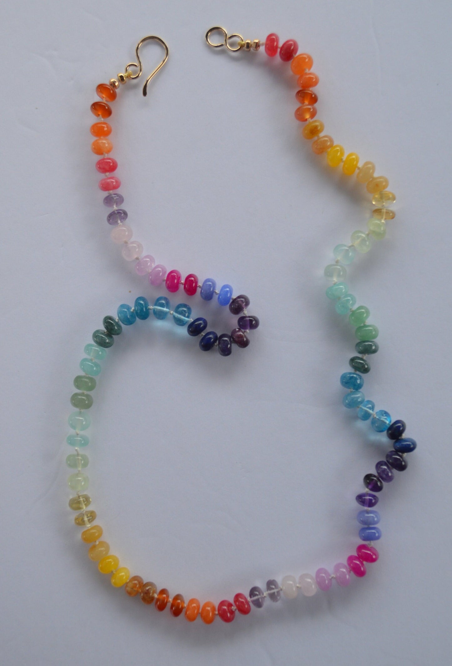 Rainbow Gemstone (8mm) Necklace Hand Knotted on White Silk. 18K Hand Forged Gold Filled Clasp. 12 Types of Gemstones. Made to Order