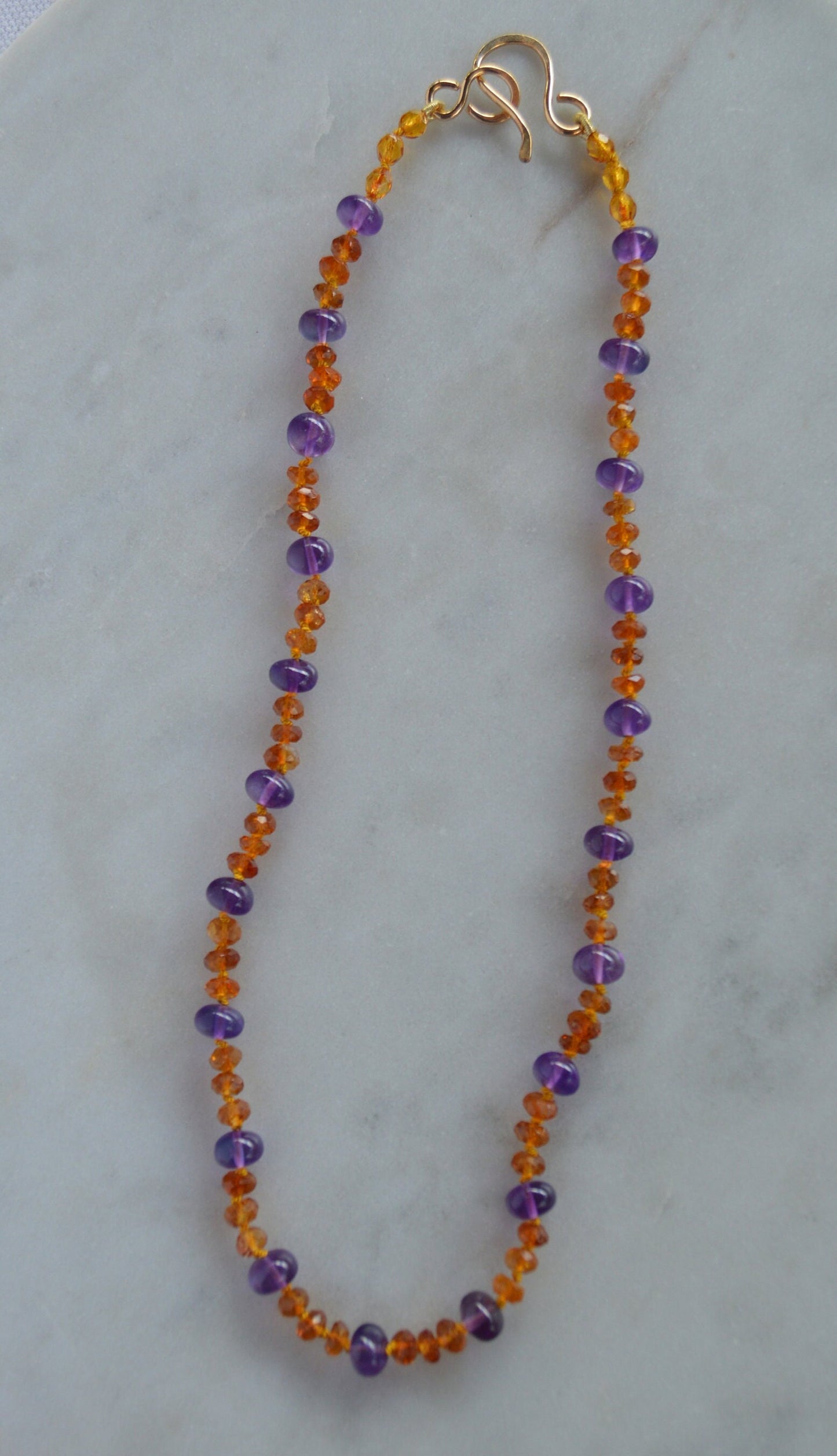Sparkling Amethyst and Citrine Necklace Hand knotted on Gold Silk, 18K Gold Filled Hand Forged Hook and Eye Clasp