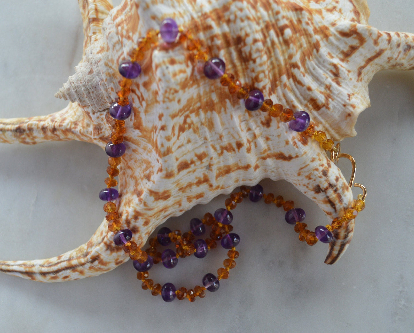 Sparkling Amethyst and Citrine Necklace Hand knotted on Gold Silk, 18K Gold Filled Hand Forged Hook and Eye Clasp
