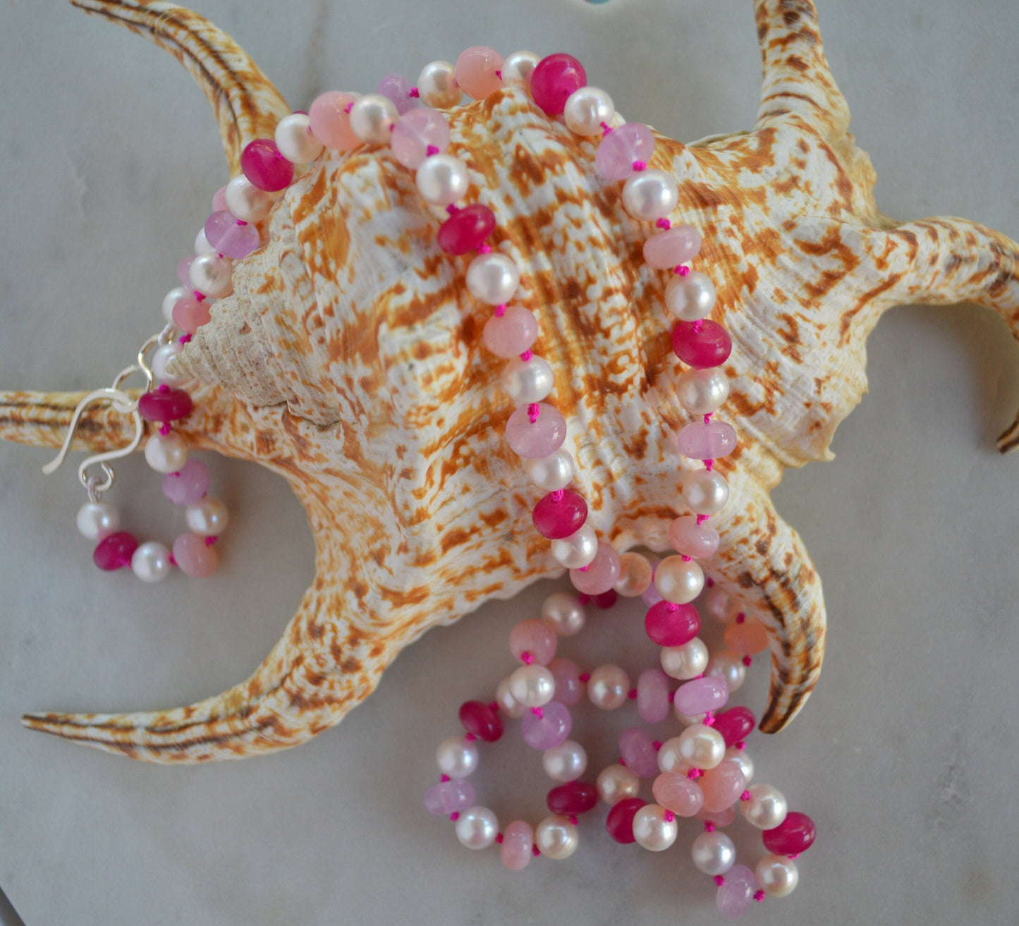 Stunning 30" Pearls and Pink Gemstones Hand Knotted on Hot Pink Silk Thread. Elegant Sterling Hand Forged Hook & Eye Clasp
