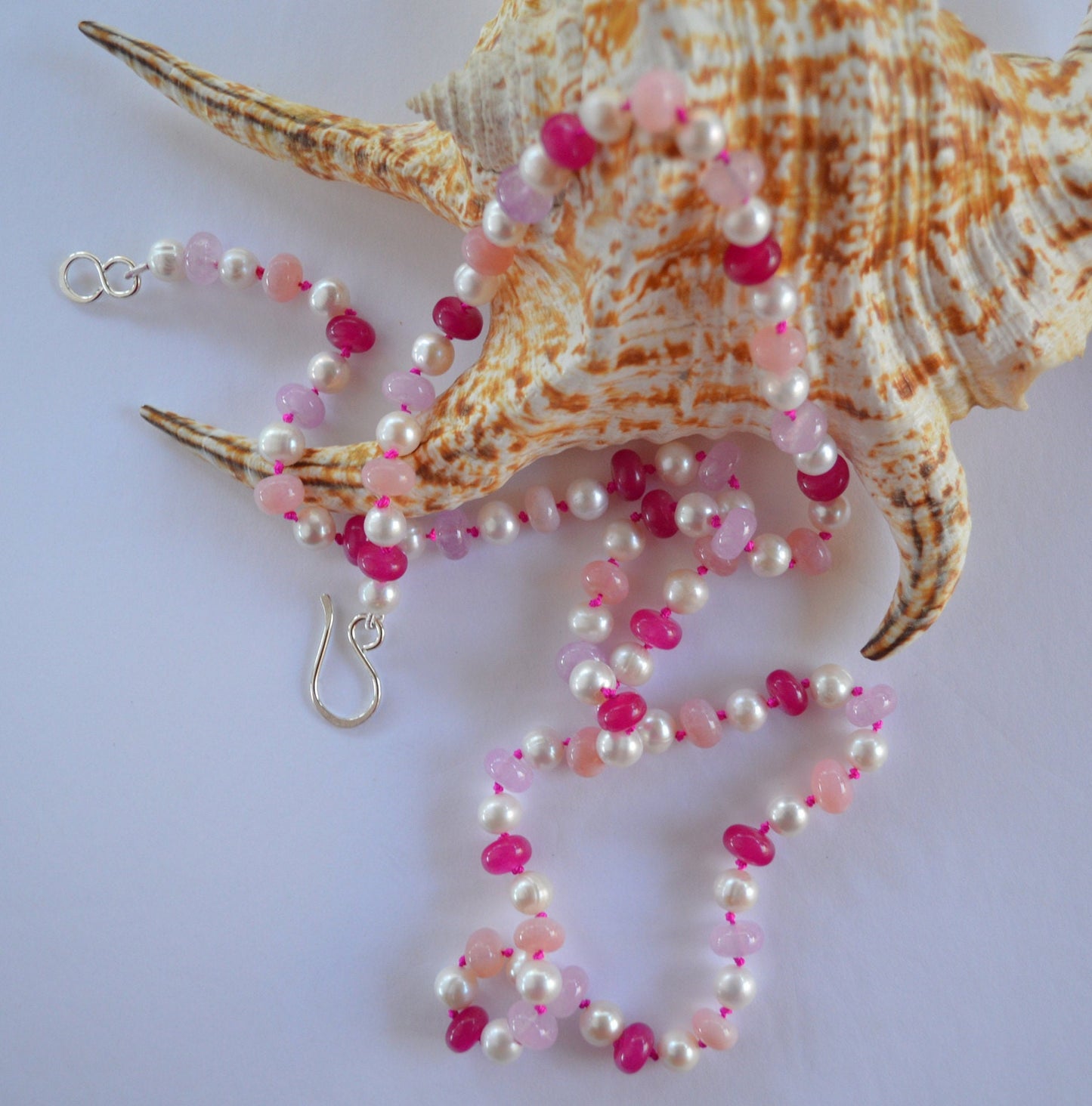 Stunning 30" Pearls and Pink Gemstones Hand Knotted on Hot Pink Silk Thread. Elegant Sterling Hand Forged Hook & Eye Clasp