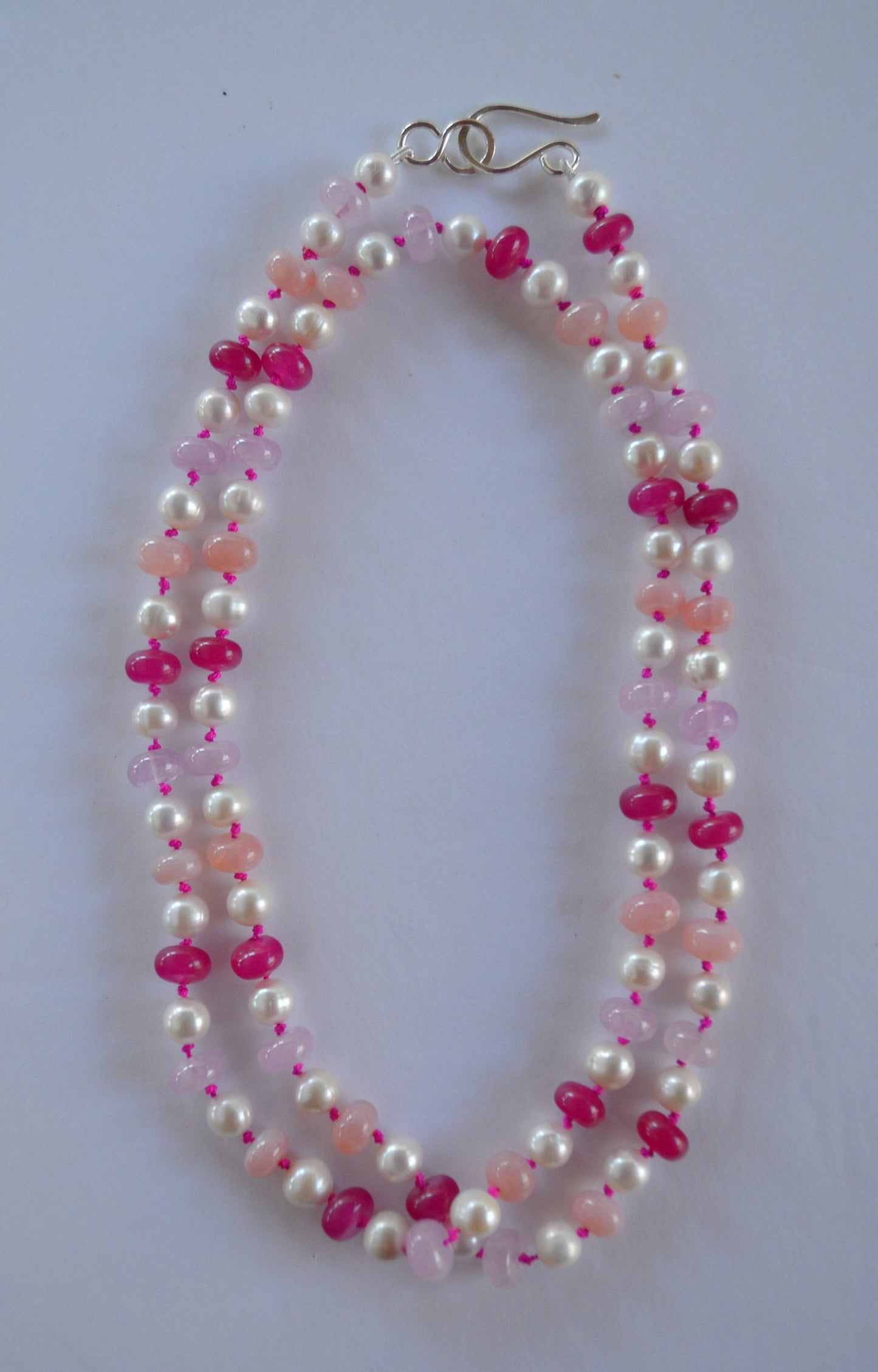 Stunning 30" Pearls and Pink Gemstones Hand Knotted on Hot Pink Silk Thread. Elegant Sterling Hand Forged Hook & Eye Clasp