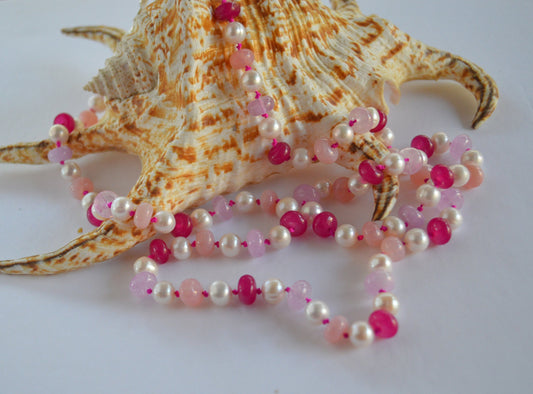 Stunning 30" Pearls and Pink Gemstones Hand Knotted on Hot Pink Silk Thread. Elegant Sterling Hand Forged Hook & Eye Clasp
