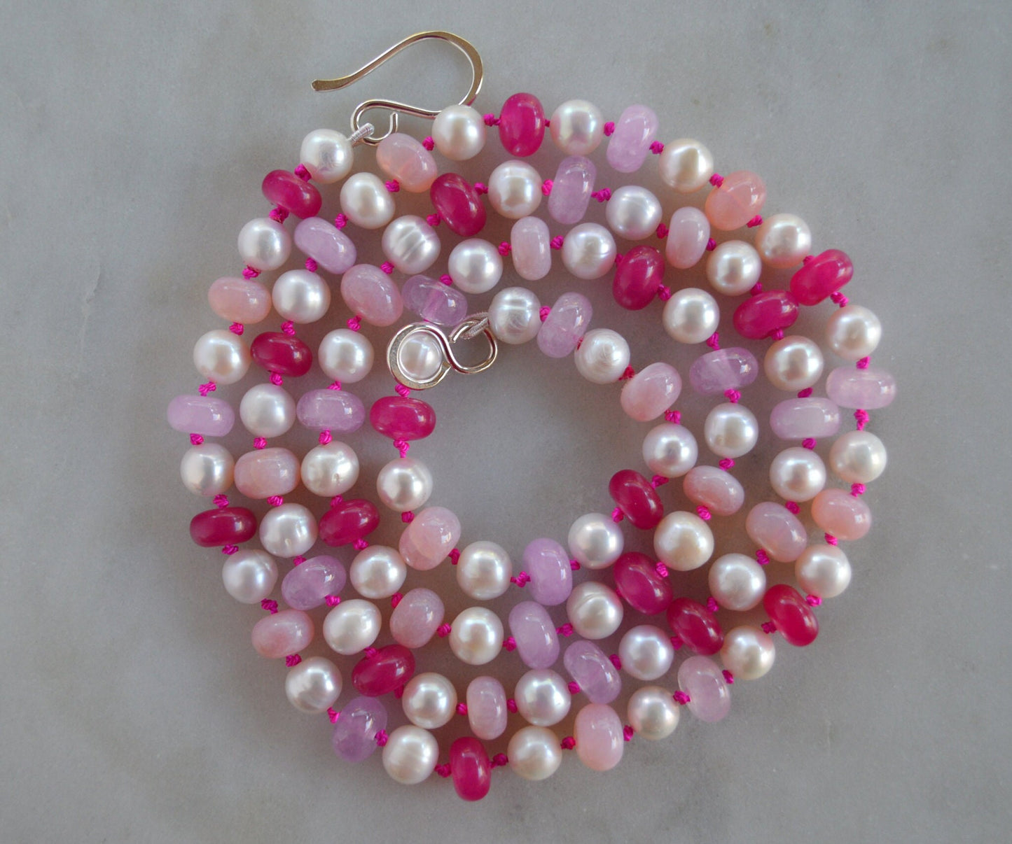 Stunning 30" Pearls and Pink Gemstones Hand Knotted on Hot Pink Silk Thread. Elegant Sterling Hand Forged Hook & Eye Clasp