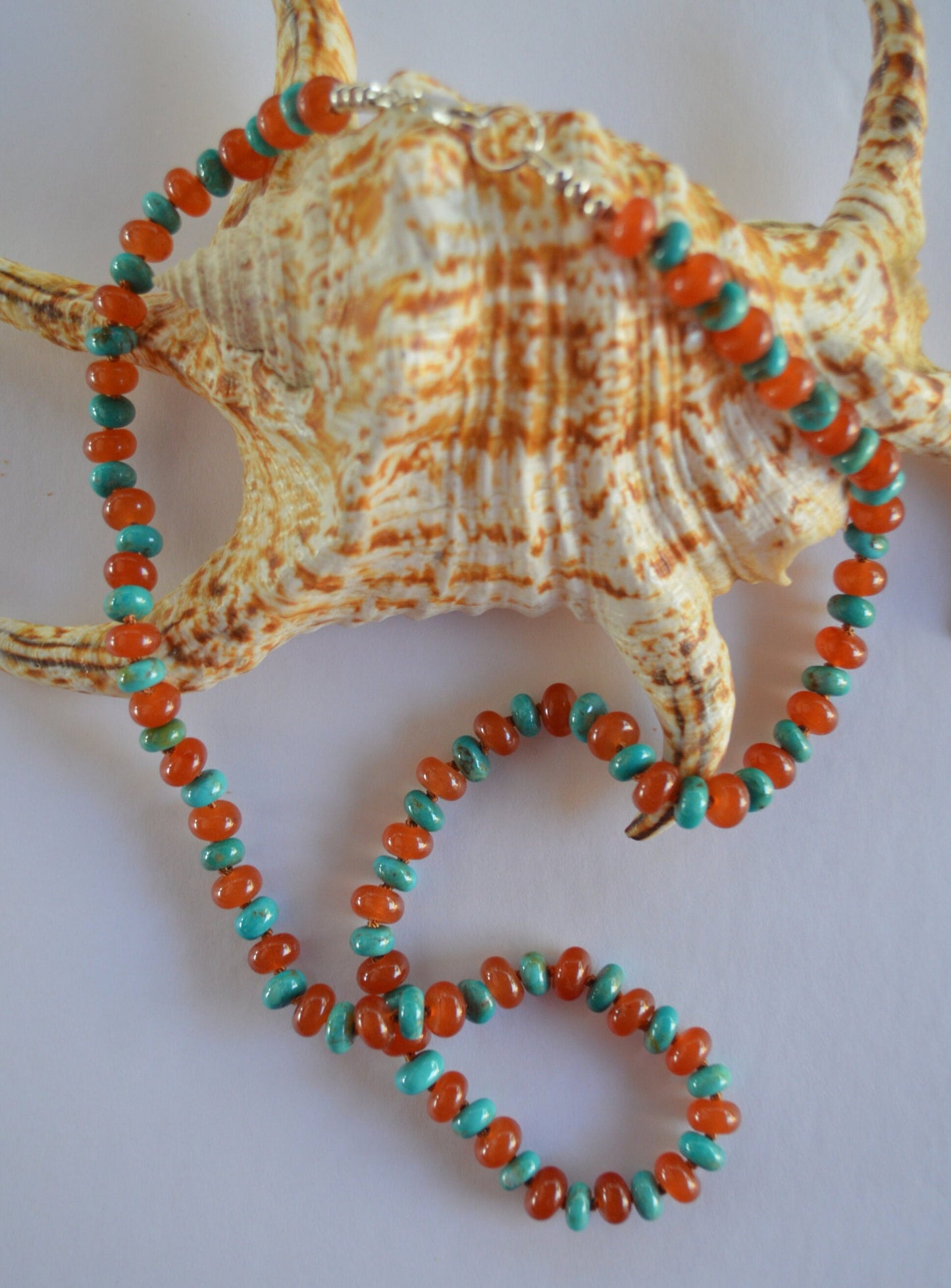 Kingman Turquoise and Carnelian Hand Knotted Necklace. Sterling Silver Clasp and Beads. 23"