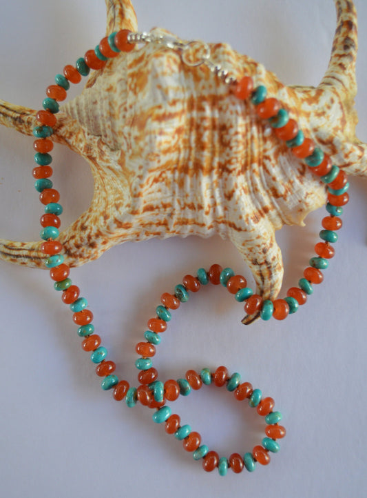 Kingman Turquoise and Carnelian Hand Knotted Necklace. Sterling Silver Clasp and Beads. 23"