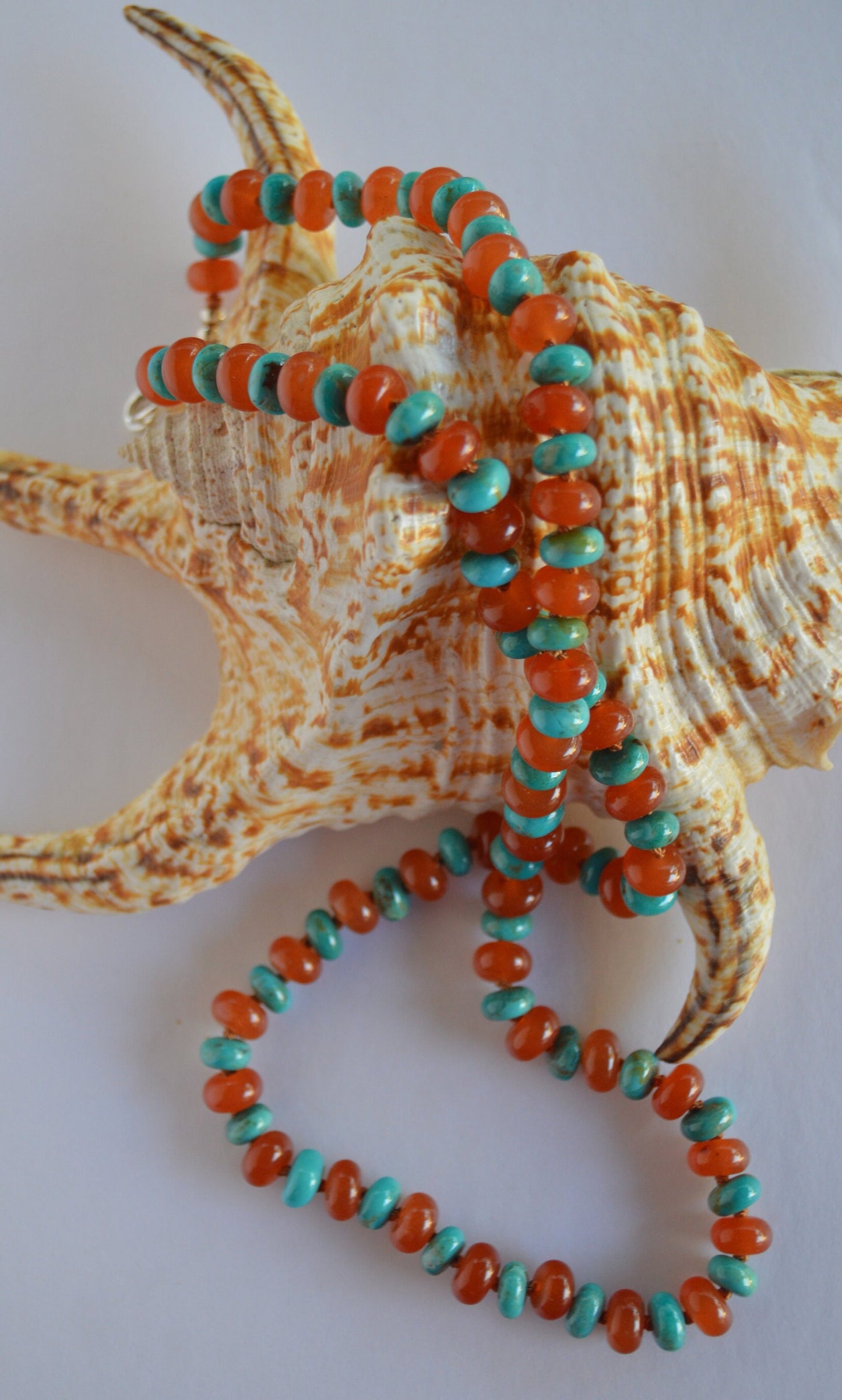 Kingman Turquoise and Carnelian Hand Knotted Necklace. Sterling Silver Clasp and Beads. 23"