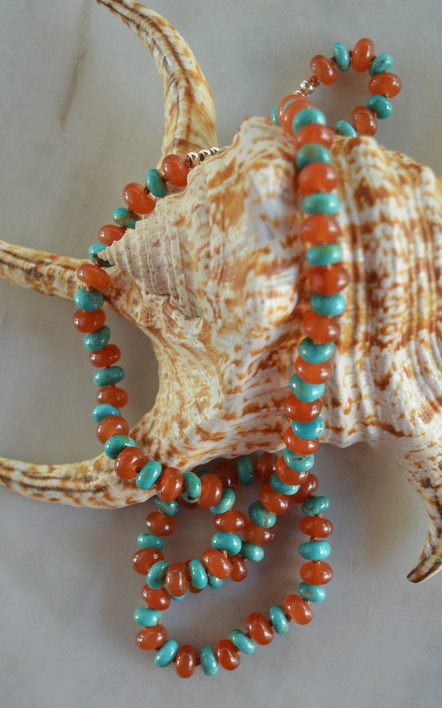 Kingman Turquoise and Carnelian Hand Knotted Necklace. Sterling Silver Clasp and Beads. 23"