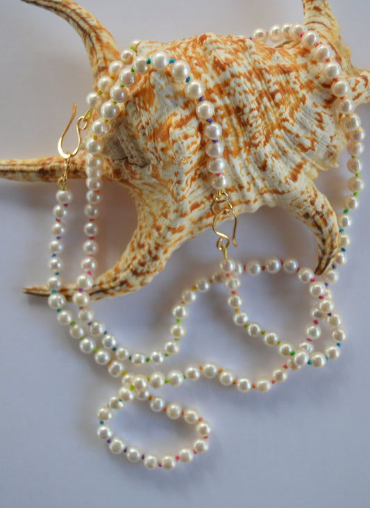 Luxurious Freshwater Pearls Hand Knotted on Multi-Colored Silk Thread. Hand Forged Hook & Eye Clasp 18" or 24".  7-8mm. Made to Order