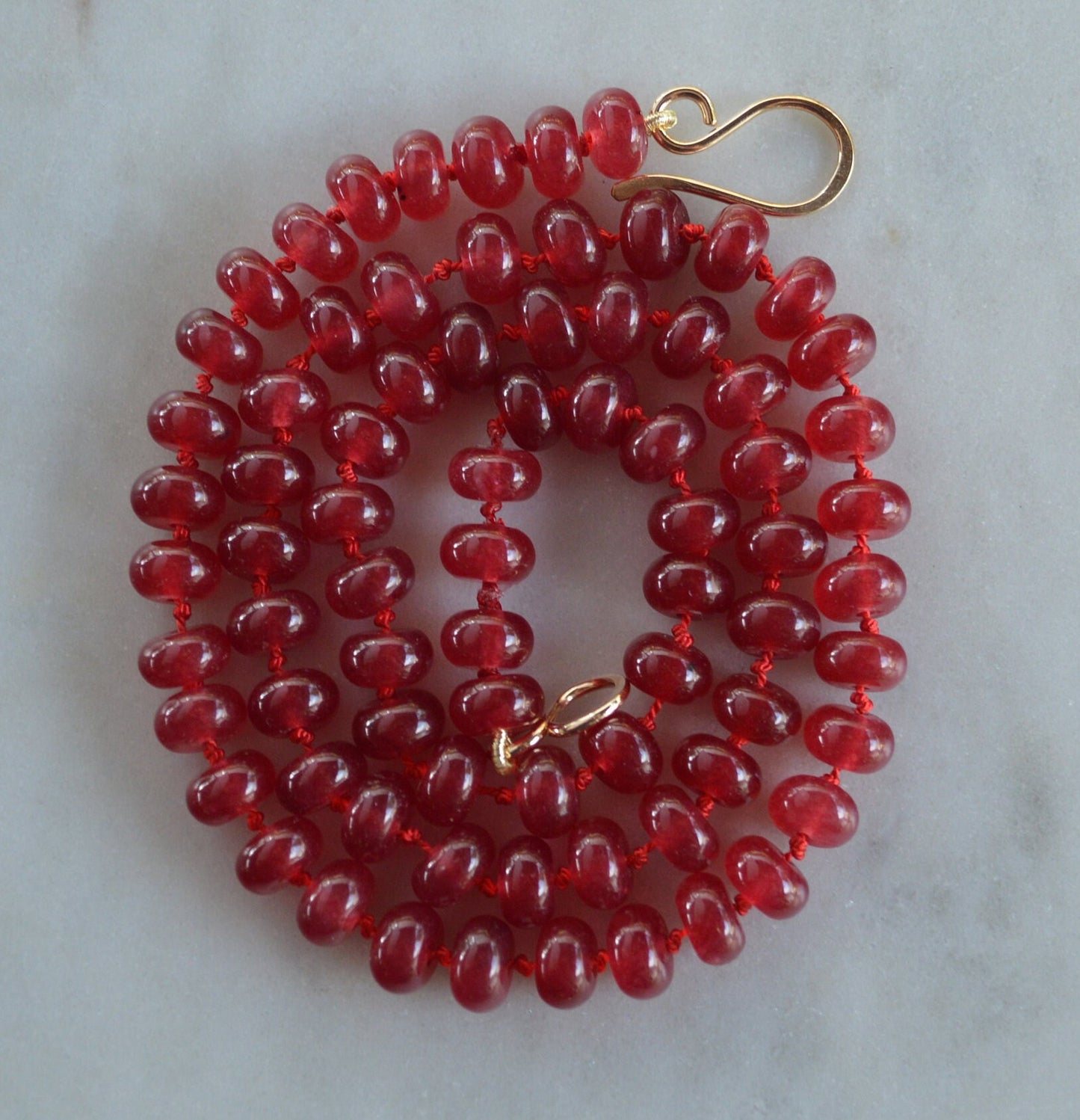 21" Cherry Red Quartz Rondelle Gemstones Hand Knotted on Red Silk.  18K Gold Filled Hook and Eye Clasp. Black Friday Sale