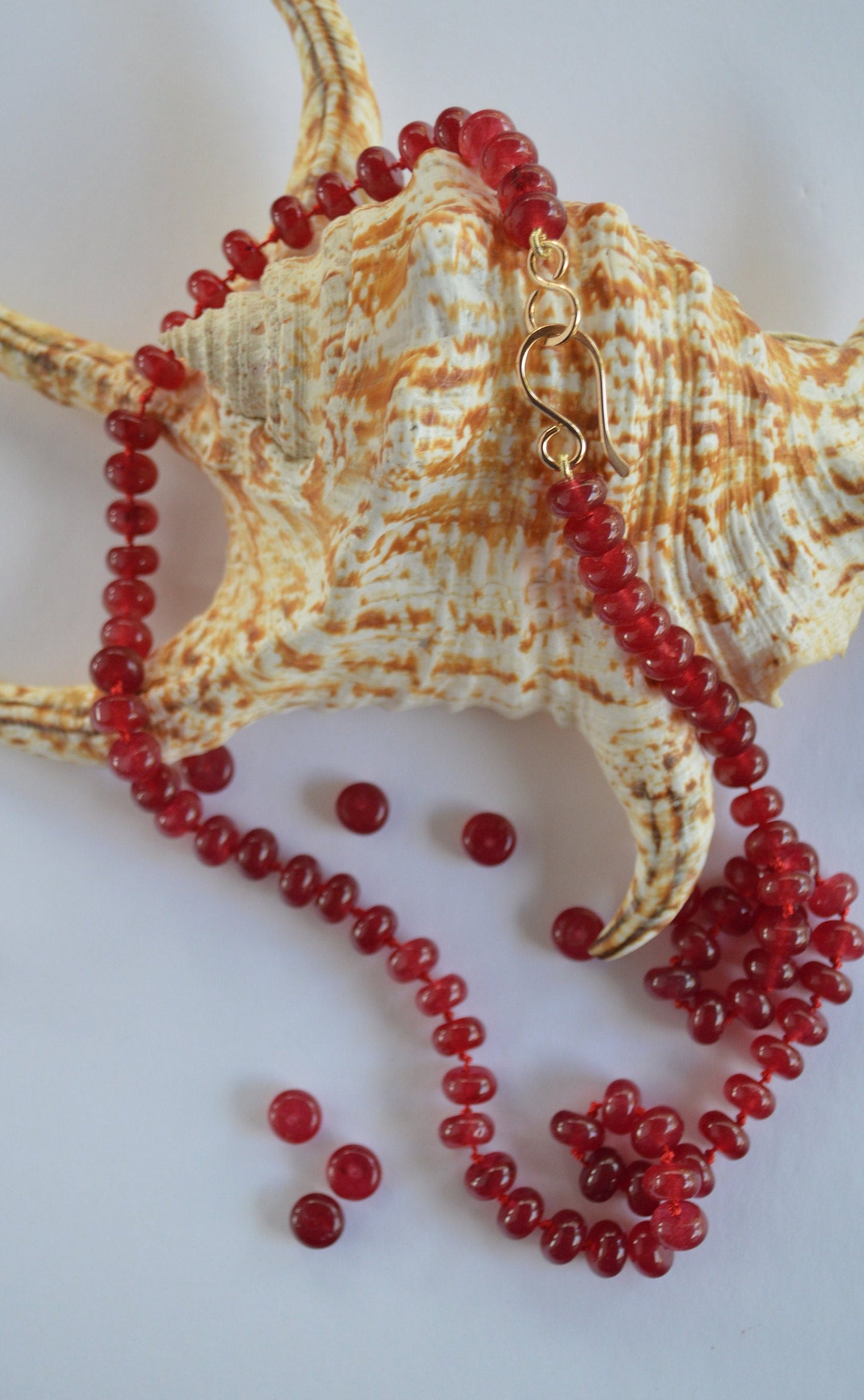 21" Cherry Red Quartz Rondelle Gemstones Hand Knotted on Red Silk.  18K Gold Filled Hook and Eye Clasp. Black Friday Sale