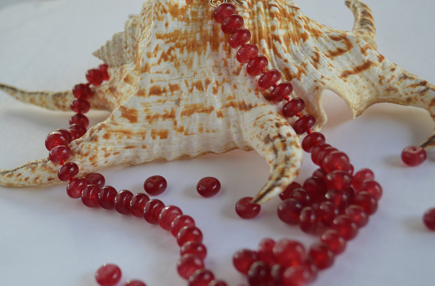 21" Cherry Red Quartz Rondelle Gemstones Hand Knotted on Red Silk.  18K Gold Filled Hook and Eye Clasp. Black Friday Sale