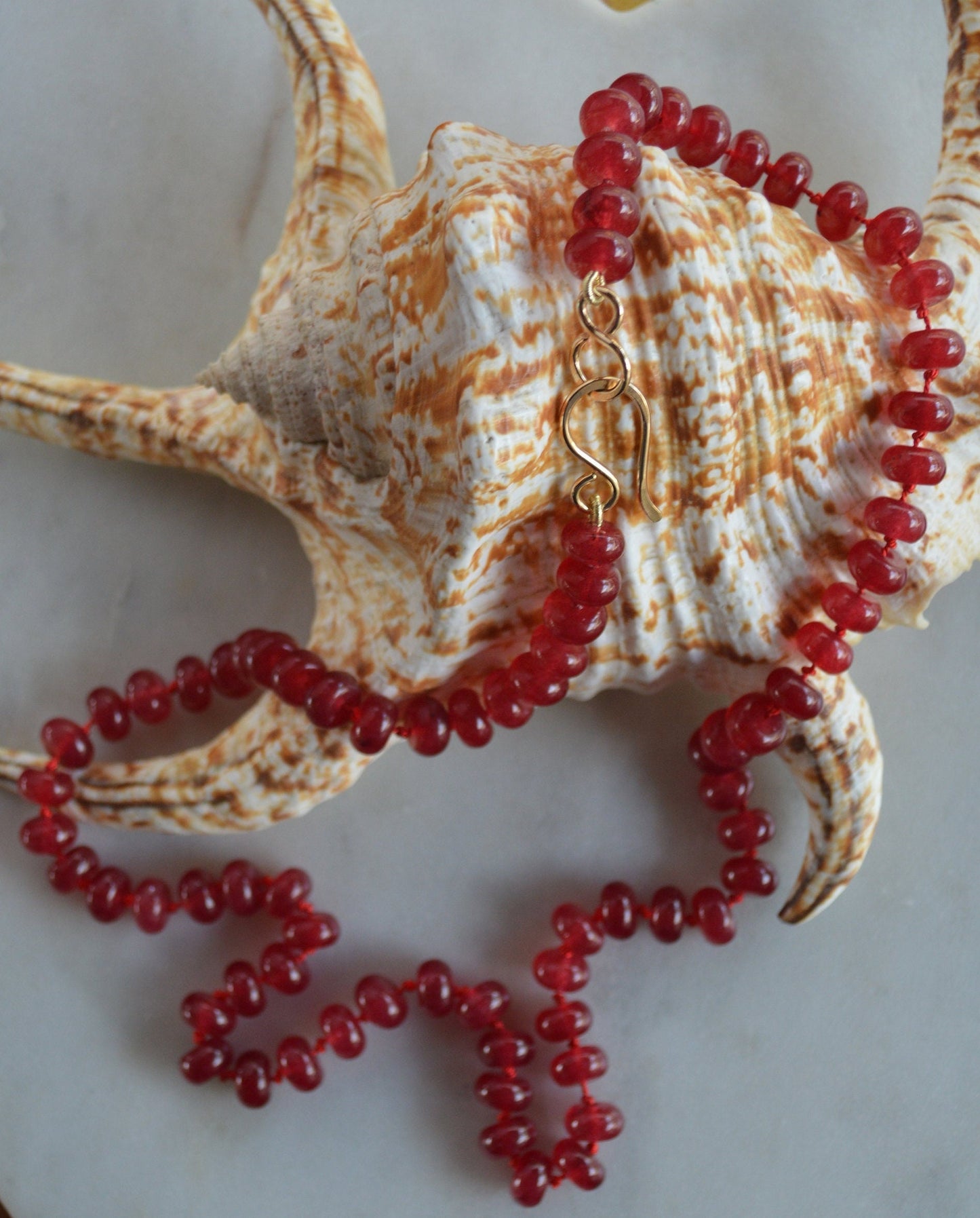 21" Cherry Red Quartz Rondelle Gemstones Hand Knotted on Red Silk.  18K Gold Filled Hook and Eye Clasp. Black Friday Sale