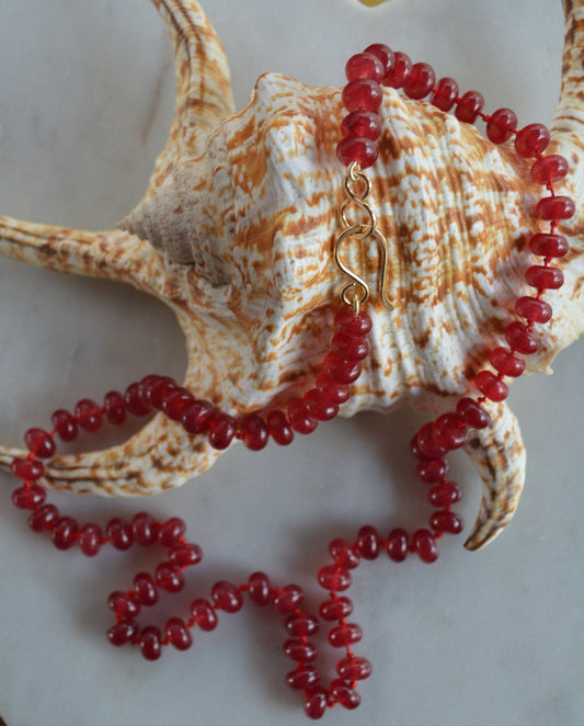 21" Cherry Red Quartz Rondelle Gemstones Hand Knotted on Red Silk.  18K Gold Filled Hook and Eye Clasp. Black Friday Sale