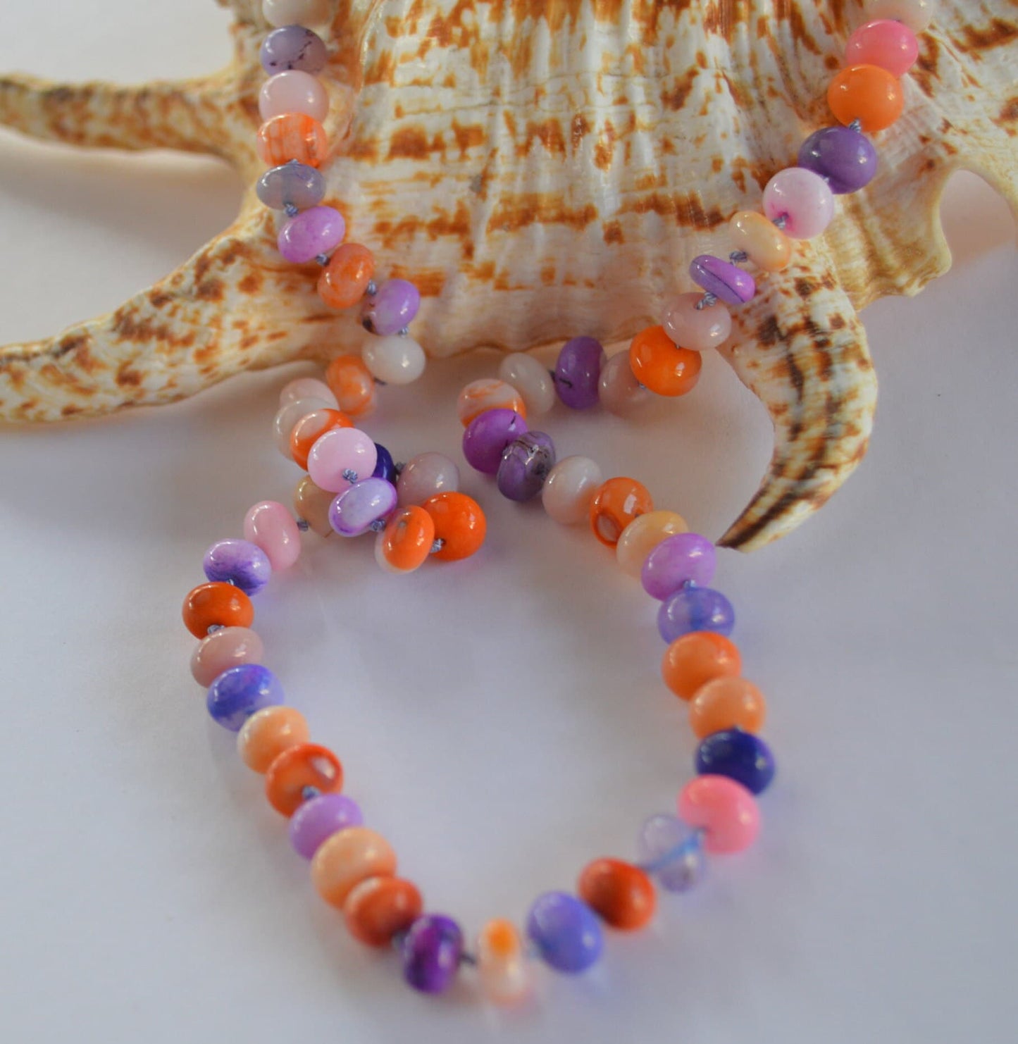 Purple, Orange and Pink Smooth Rondelle Opal Gemstones Hand Knotted on Lilac Silk. 18k Gold Filled Italian Lobster Clasp.