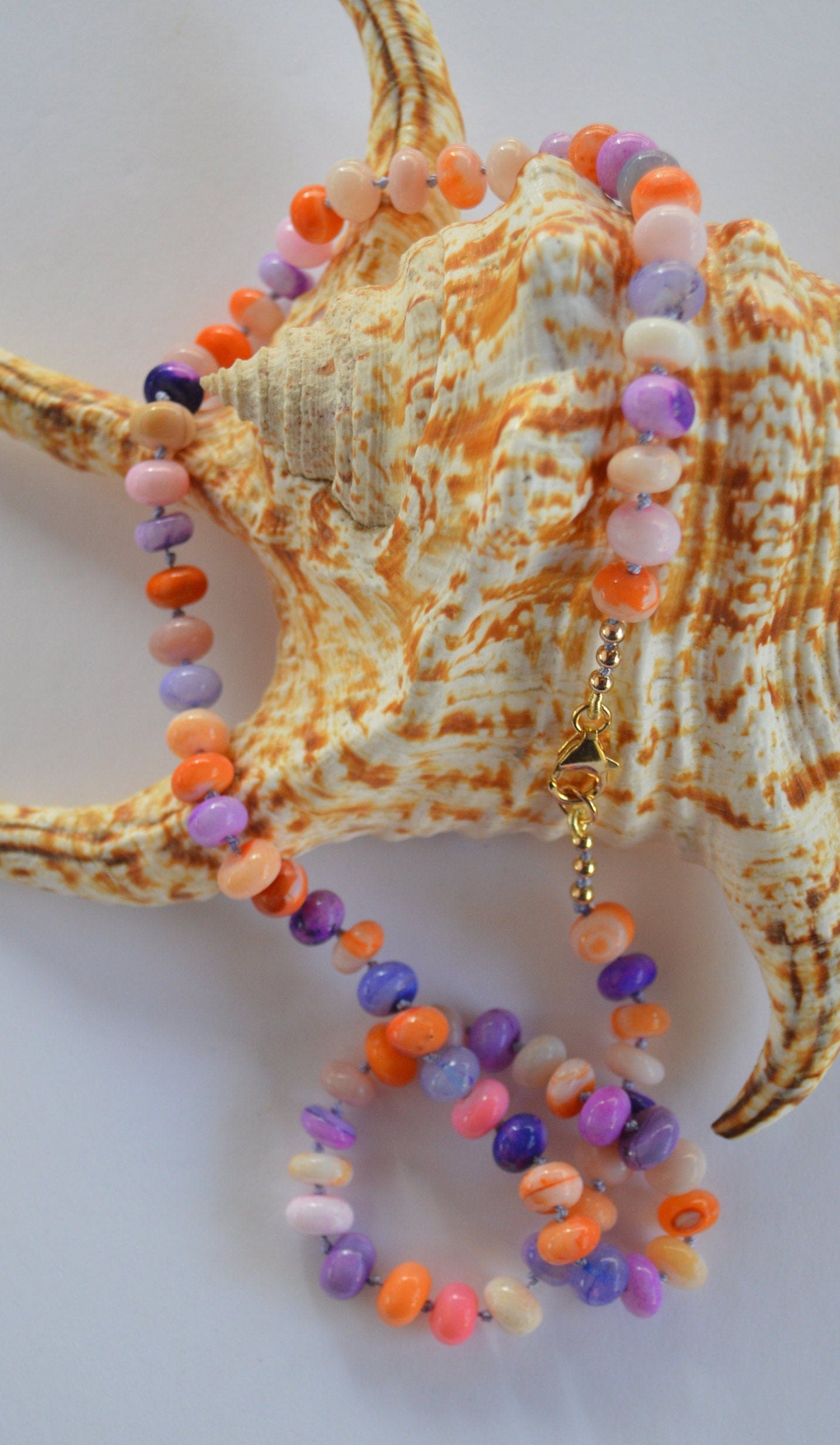 Purple, Orange and Pink Smooth Rondelle Opal Gemstones Hand Knotted on Lilac Silk. 18k Gold Filled Italian Lobster Clasp.