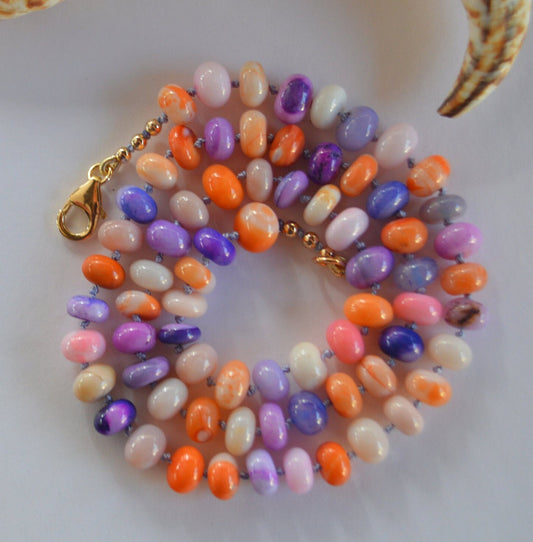 Purple, Orange and Pink Smooth Rondelle Opal Gemstones Hand Knotted on Lilac Silk. 18k Gold Filled Italian Lobster Clasp.