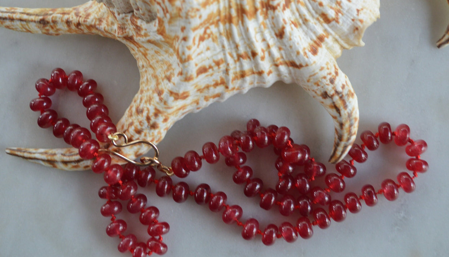 21" Cherry Red Quartz Rondelle Gemstones Hand Knotted on Red Silk.  18K Gold Filled Hook and Eye Clasp. Black Friday Sale