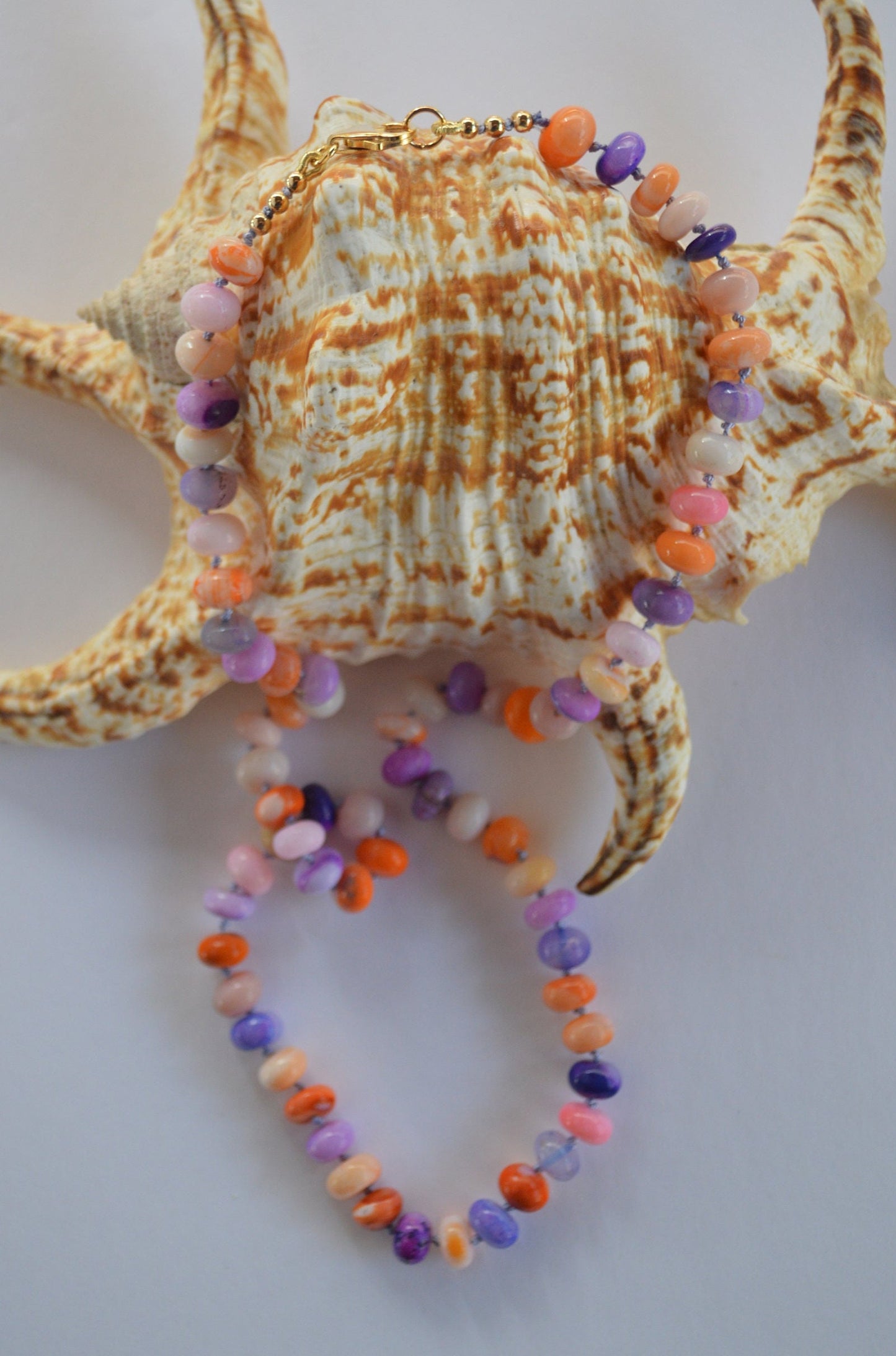Purple, Orange and Pink Smooth Rondelle Opal Gemstones Hand Knotted on Lilac Silk. 18k Gold Filled Italian Lobster Clasp.